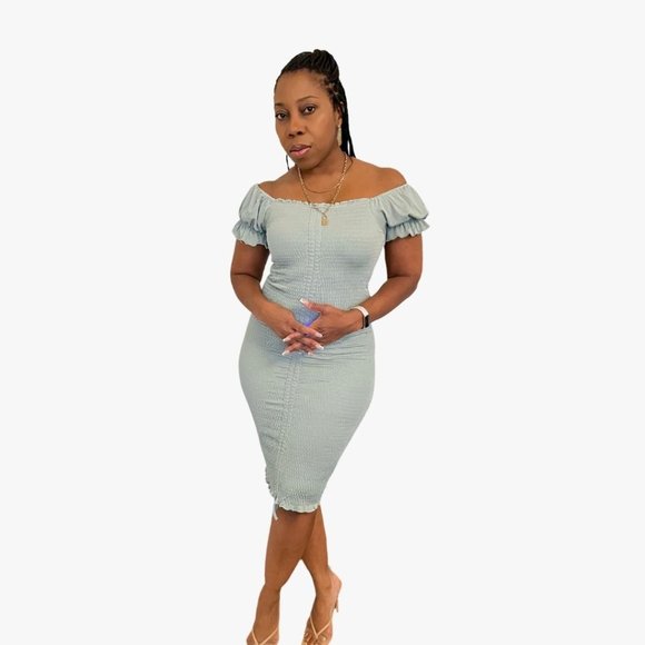 (NWT) Smocked Ruched Dress (Midi or Mini) - Sage - Picture 1 of 7